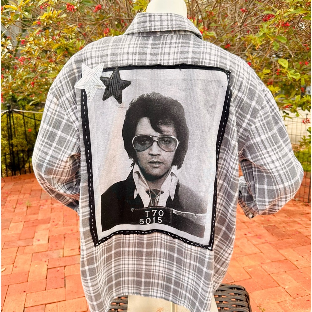 ELVIS MUG SHOT Upcycled Reworked Flannel Shirt